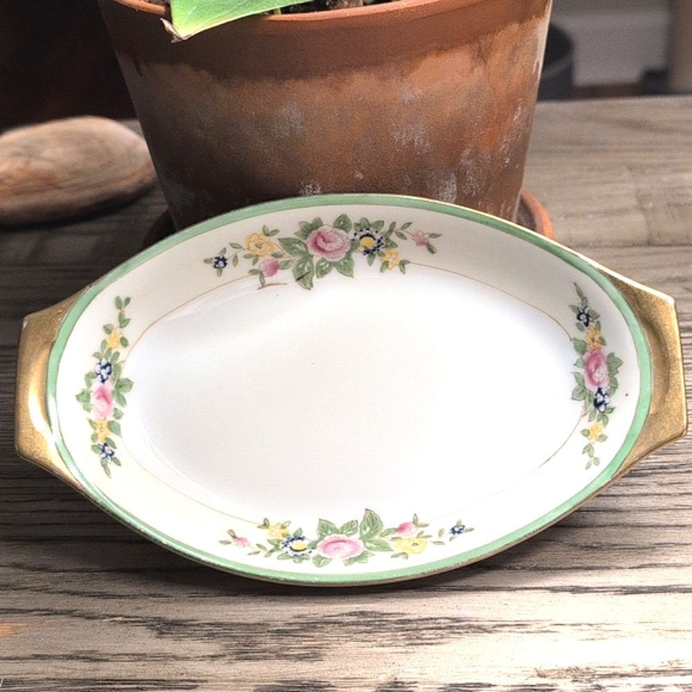 Vintage Gilded Hand Painted Floral Oval Relish Tray By Celebrate Made In Japan